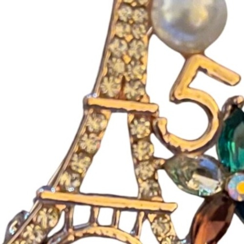Eiffel Tower Brooch Paris Number 5 Pearl Rhinestone Flower 2"  Pin Bling Flashy
